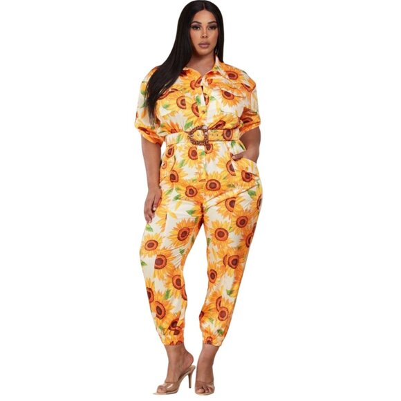 Plus Size Short Sleeve Button Up Sunflower Jumpsuit  4X - Picture 1 of 5